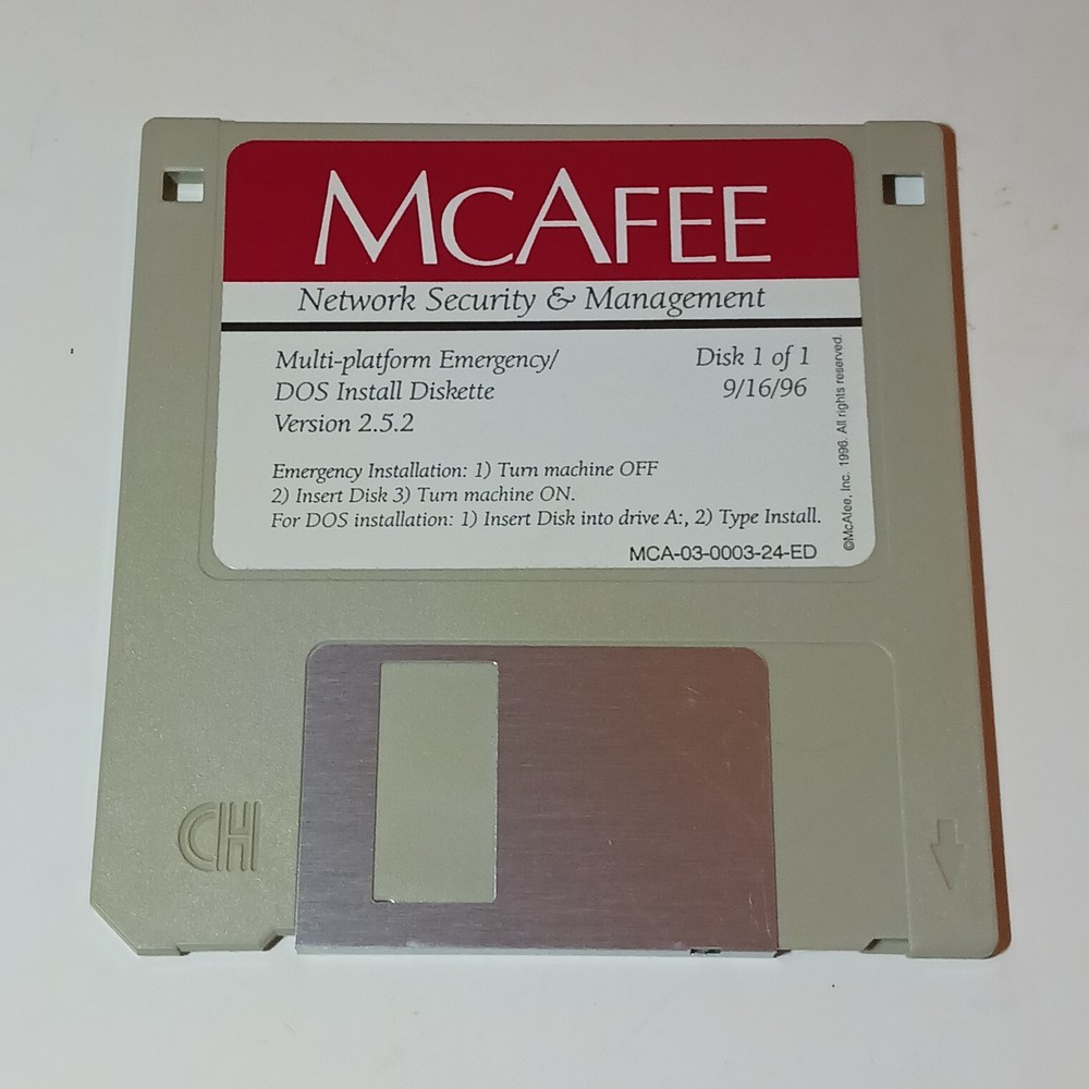 3.5" Floppy Disk McAfee DOS Install Diskette Version 2.5.2 Vtg Computing 1996