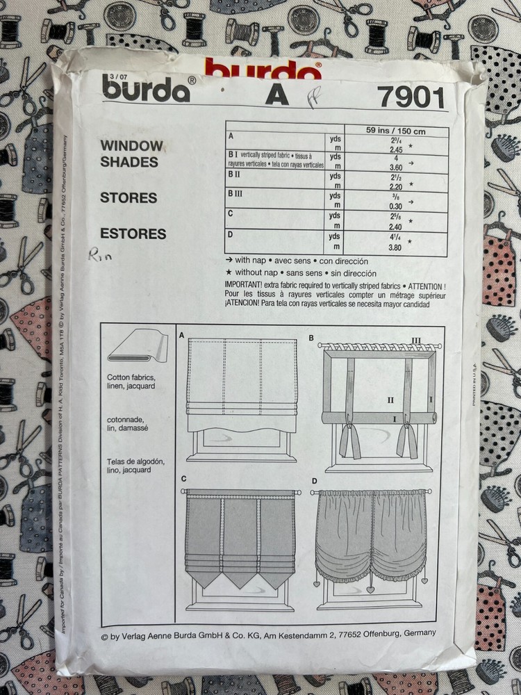 Burda Sewing Pattern 7901 Window Shades FF UNCUT