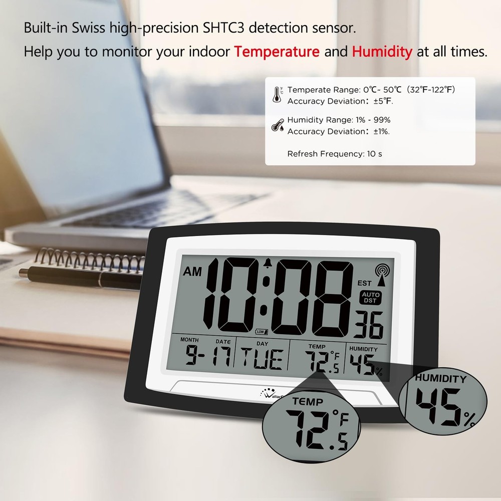 WallarGe Atomic Clock with Indoor Temperature and Large, Black, White
