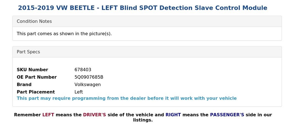 2015-2019 VW BEETLE - LEFT Blind SPOT Detection Slave Control Module