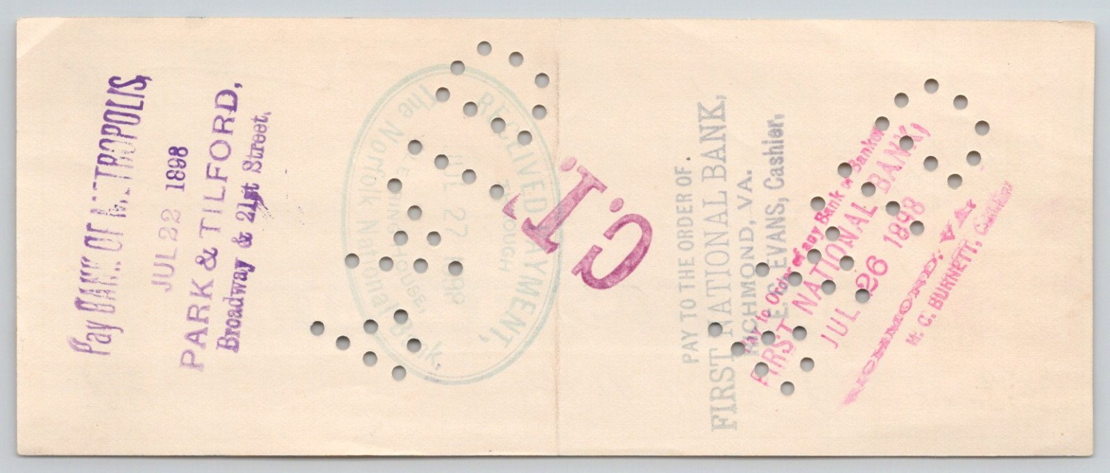 1898 Citizens Bank Norfolk VA Revenue Stamp