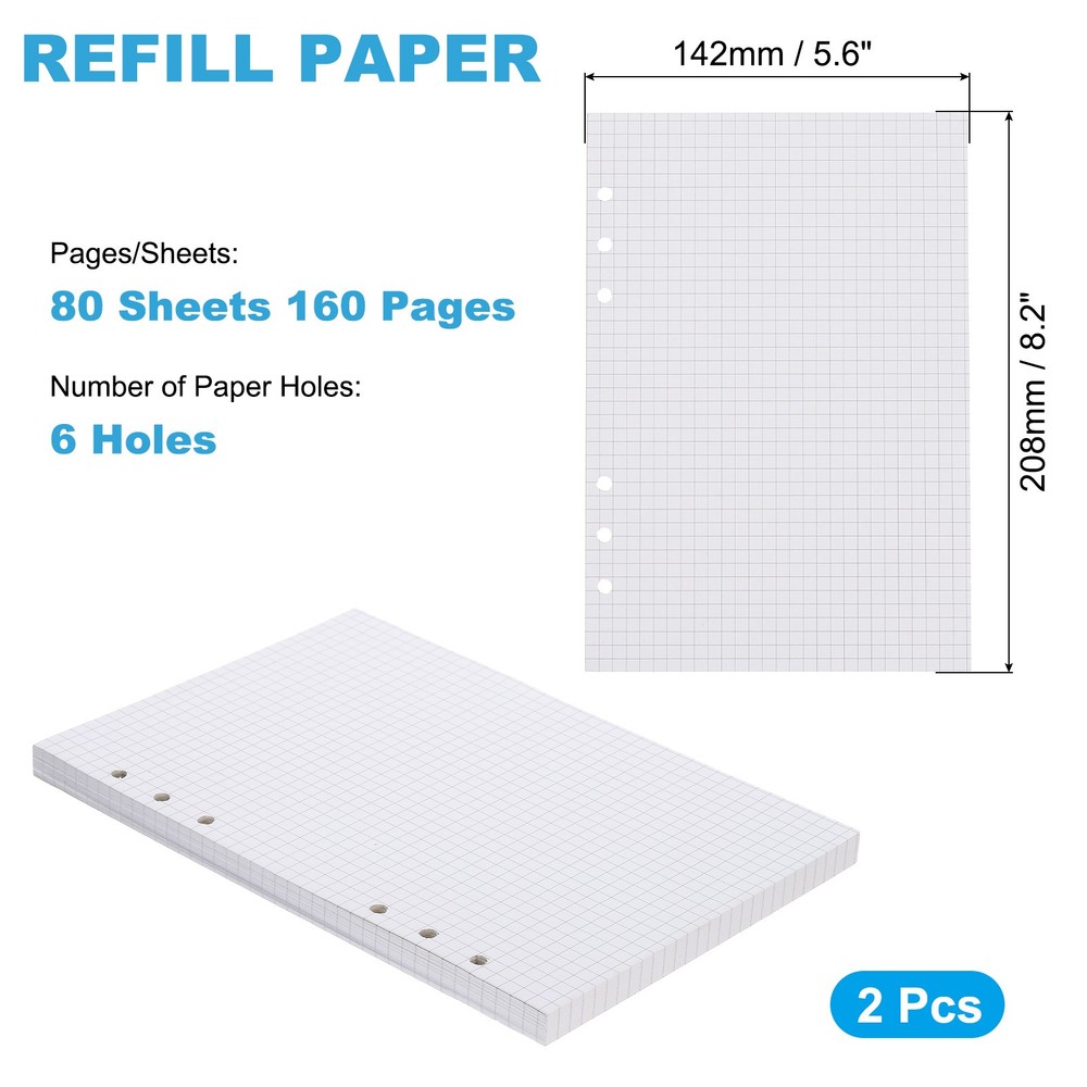 A5 Grid Refill Paper 6-Ring Binder Loose Leaf, 160 Sheets/320 Pages, Lined