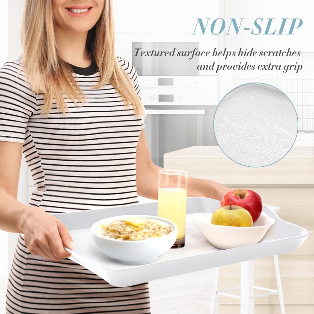 White Serving Trays with Handles 2 PCS 16x11.2 Inch Rectangular Plastic