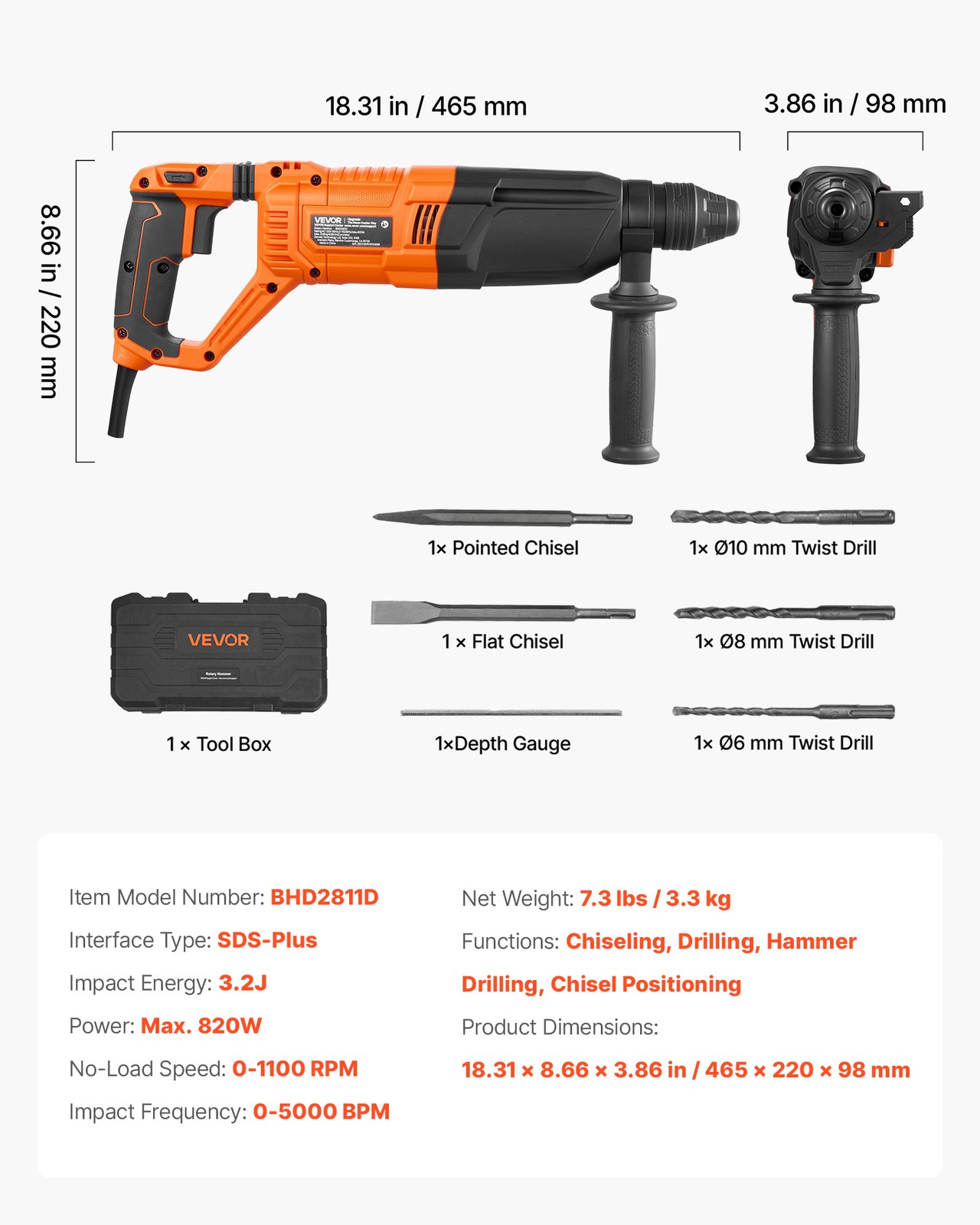 VEVOR Rotary Hammer Drill Rotary Hammer 1-1/8 in SDS-Plus for Concrete Masonry