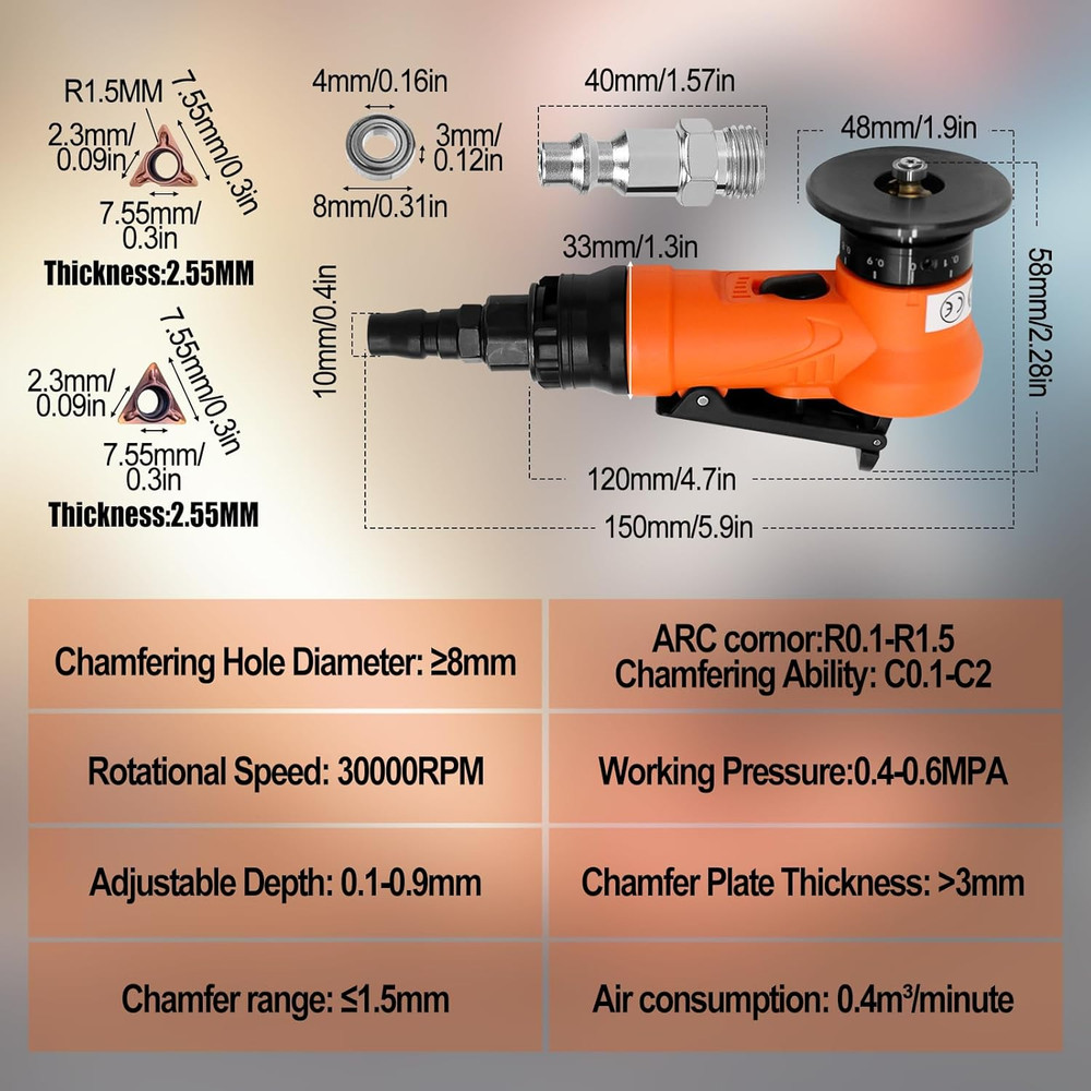 2 in 1 Mini Pneumatic Chamfering Machine, 45° Arc Corner Beveling Trimming Debur