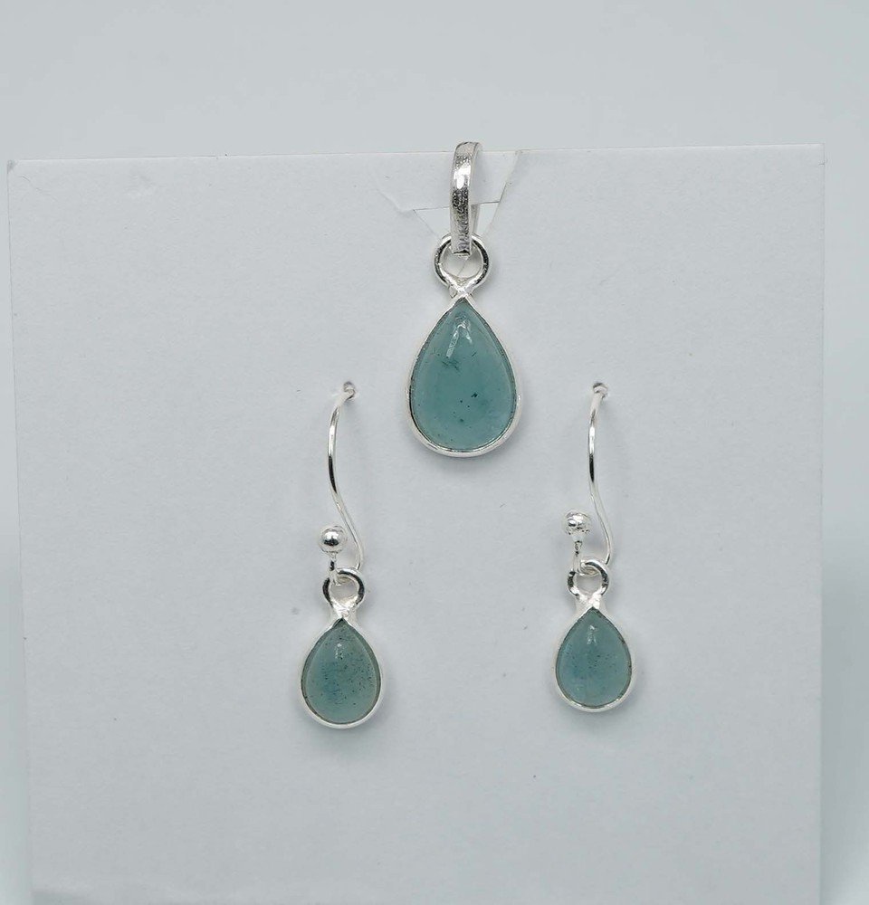 925 Solid Sterling Silver Aquamarine Hook Earring Pendant Set