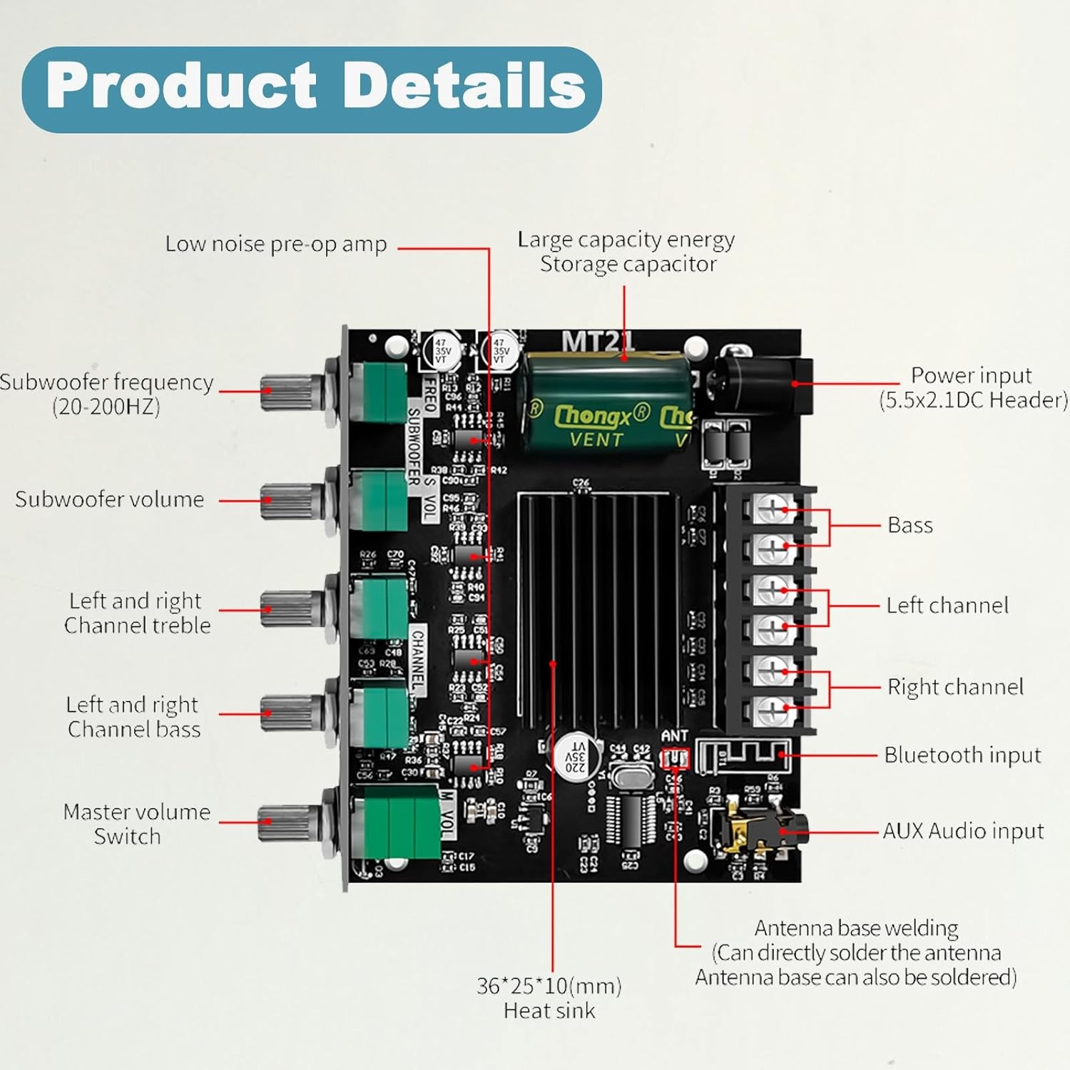 ZK- MT21 Bluetooth Amplifier Board 50W+50W+100W with Treble and Bass Control