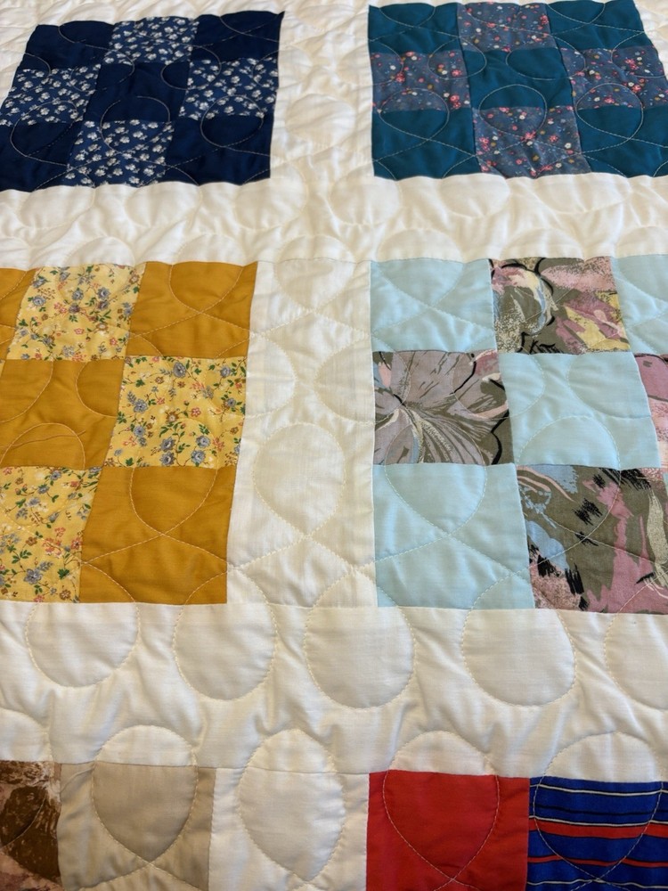 Multi Colored 9 Patch Pattern Homemade Queen/Full Size Quilt Cotton 78”X 90”