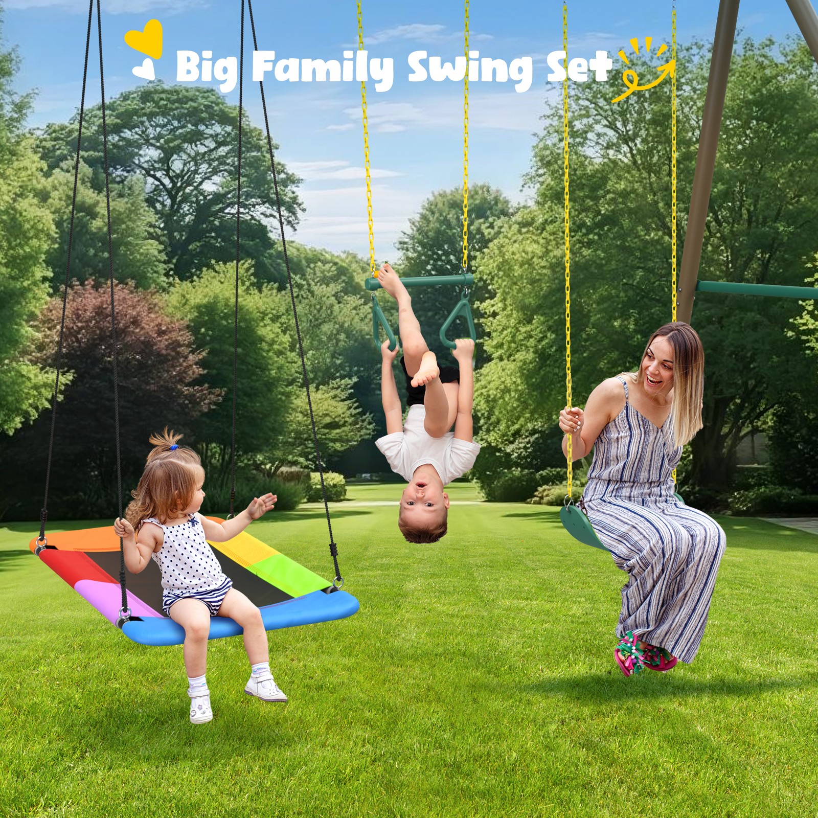 9.5ft Tall A-Frame Heavy Duty Metal Swing Set with 3 Swings and Trapeze Bar