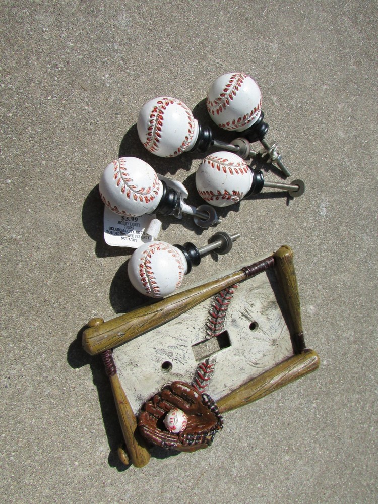 Lot of 5 Round BASEBALL Pull Knobs & 1-Toggle Light Switch Cover Child's Room