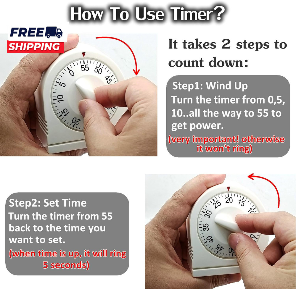 60 Minute Wind up Timer, Visual Mechanical Timer with Loud Alarm, Manual Countdo
