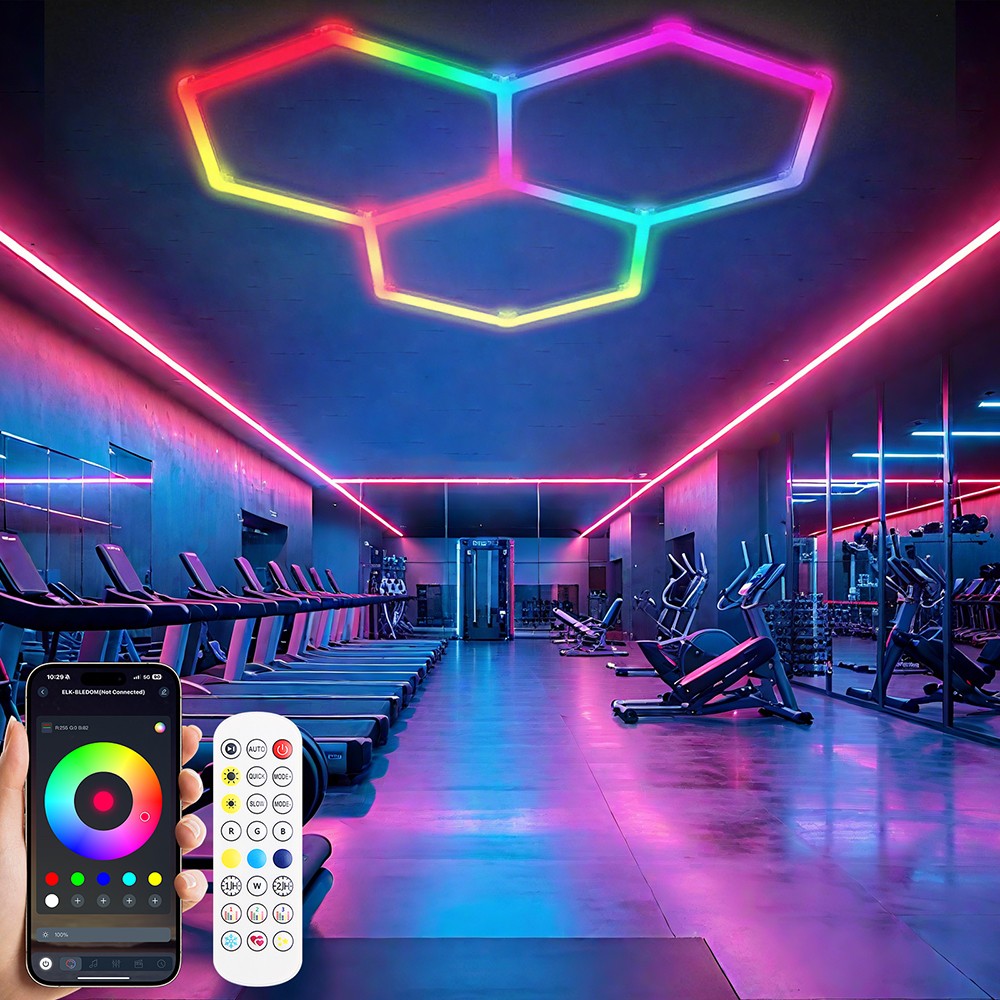 DIY RGB LED Hexagon Garage Lights Dimmable Car Detailing Shop Light for Bar Gym