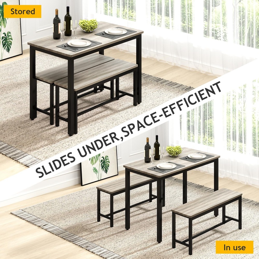 Dining Table Set for 4 with 2 Benches – Space-Saving Kitchen Table Set for Ki...