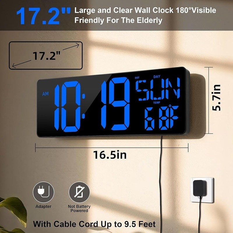 Extra Large LED Digital Wall Clock Auto Dimming Snooze Timer Remote Control