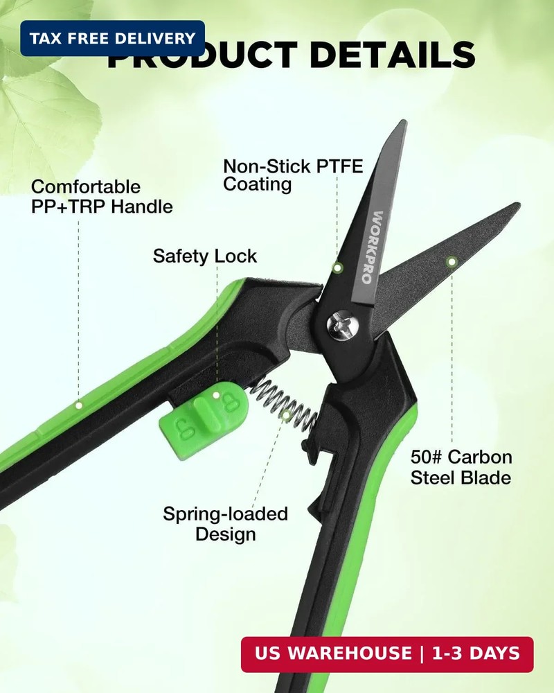 WORKPRO 6-Inch Pruning Shears, Sharp Gardening Scissors for Precise Cuts, High-C