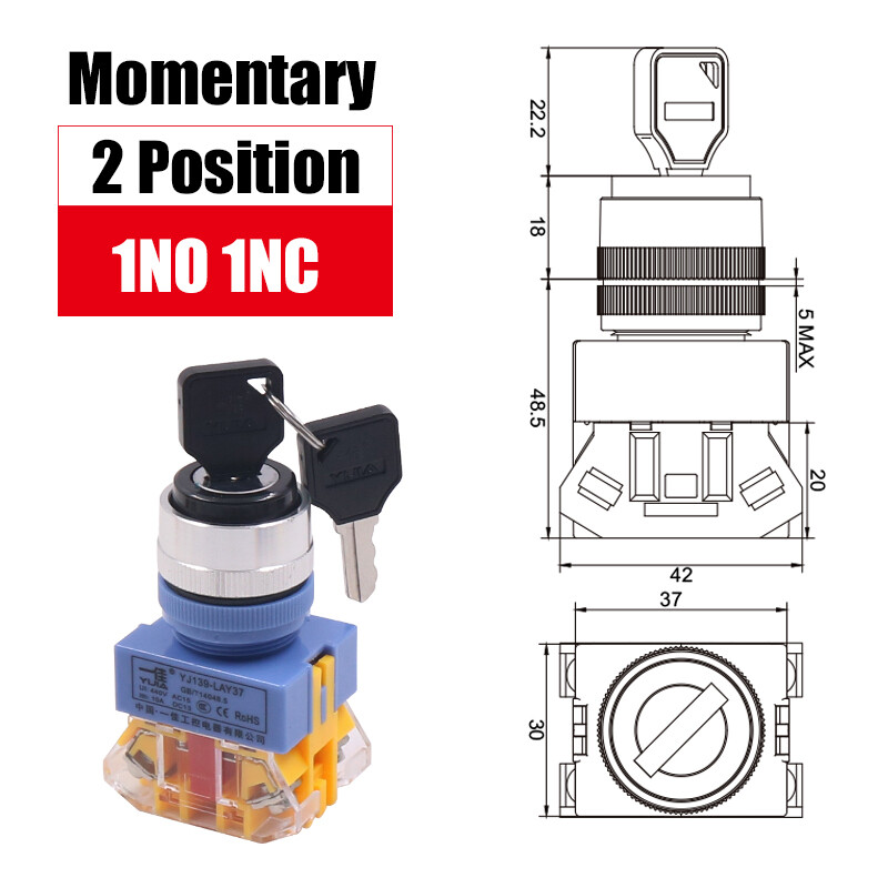 22MM On/Off Locking Key Switch Momentary / Latching Security Lock 2/3 Position