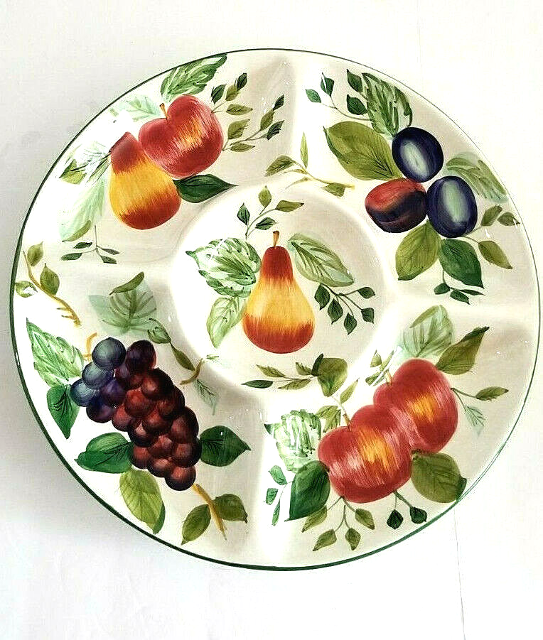 Sakura Sonoma Chip & Dip 15" Round Ceramic 5 Divided Sections Fruit Design