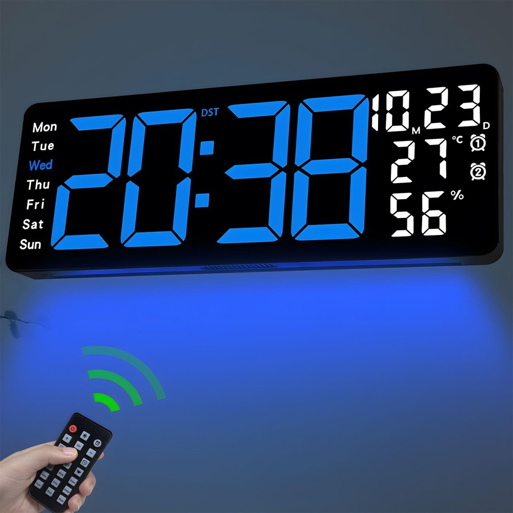 17.3" Large Digital Wall Clock, LED Digital Clock Large Display with Remote C...