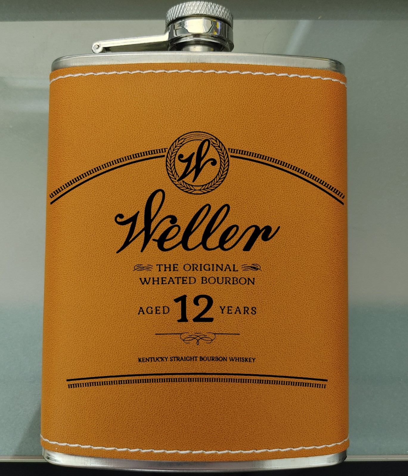 Weller 12-Year Whiskey Leather Flask KY Bourbon Trail Stainless Steel