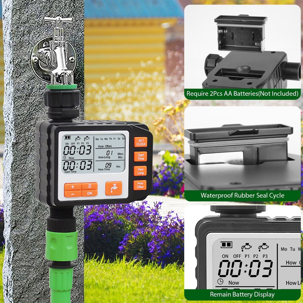Sprinkler Timer with 3 Watering Programs, Manual Mode, Waterproof, Garden
