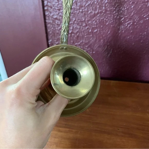 Vintage Brass Candle Holder with Loop Handle and Drip Plate