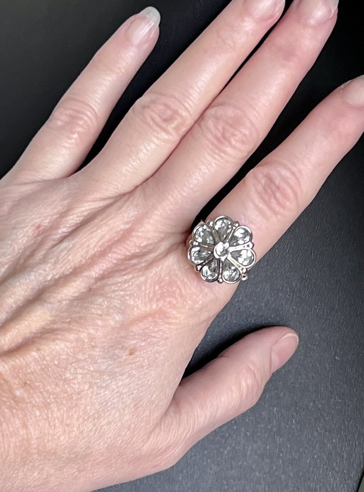 Unique Silver and Crystal Wire Wrapped Button Ring Size 8