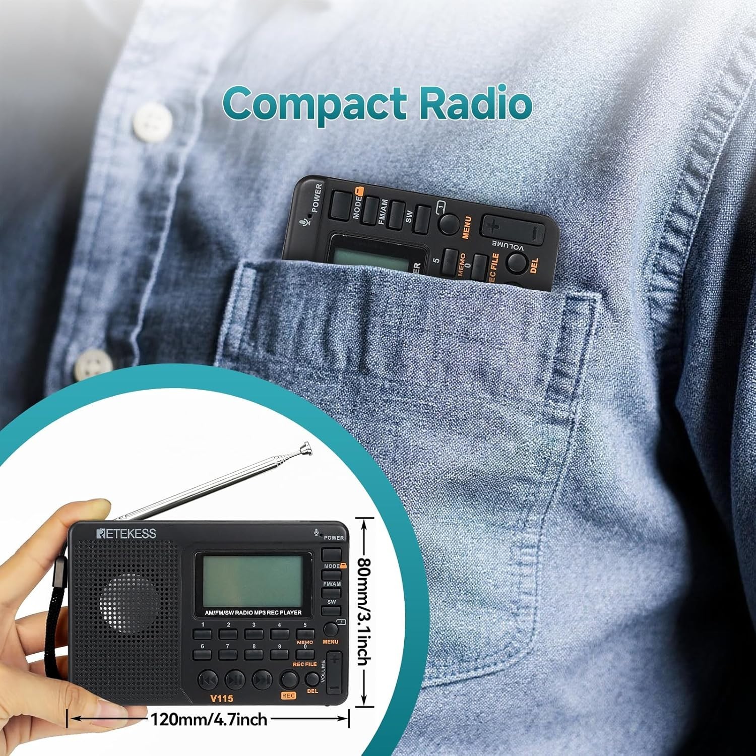 Portable V115 Shortwave Digital Radio with Preset Stations & Telescopic Antenna