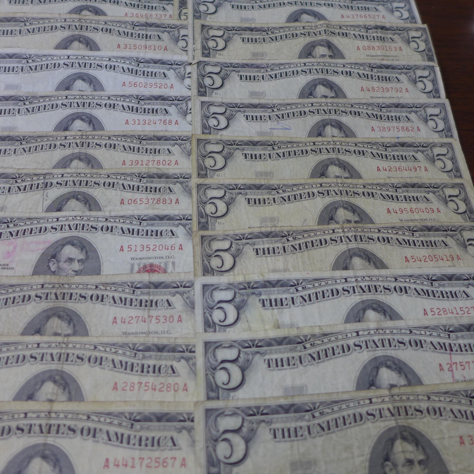 Lot of (50) 1963 Red Seal FIVE Dollar $5 Bills CIRCULATED BILLS - Culls