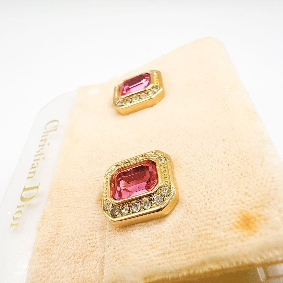 Christian Dior Earrings Pink Stone Crystal Rhinestone Gold Metal Accessories