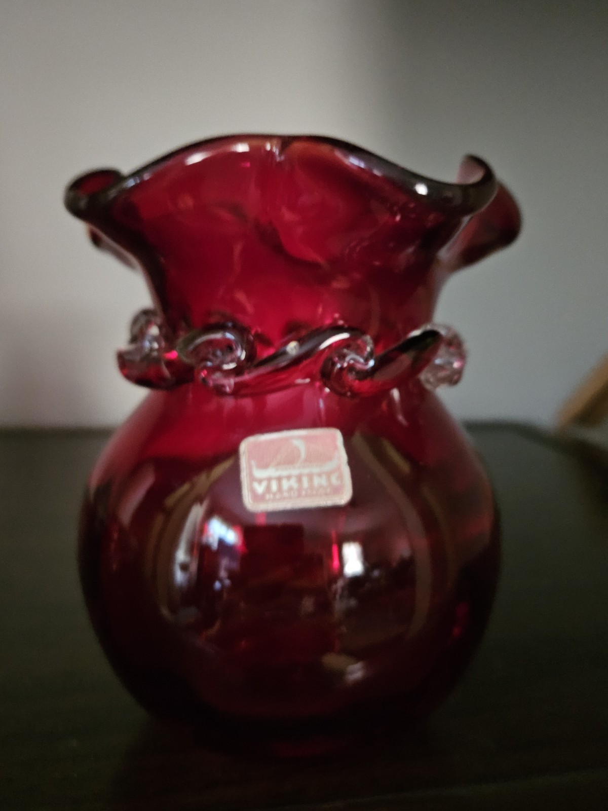 Vintage Viking Ruby Red Glass Vase Ruffle Rim With Clear Band Design - Beautiful
