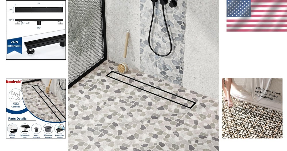 Modern Matte Black Rectangle Shower Drain, 24" Linear Drain