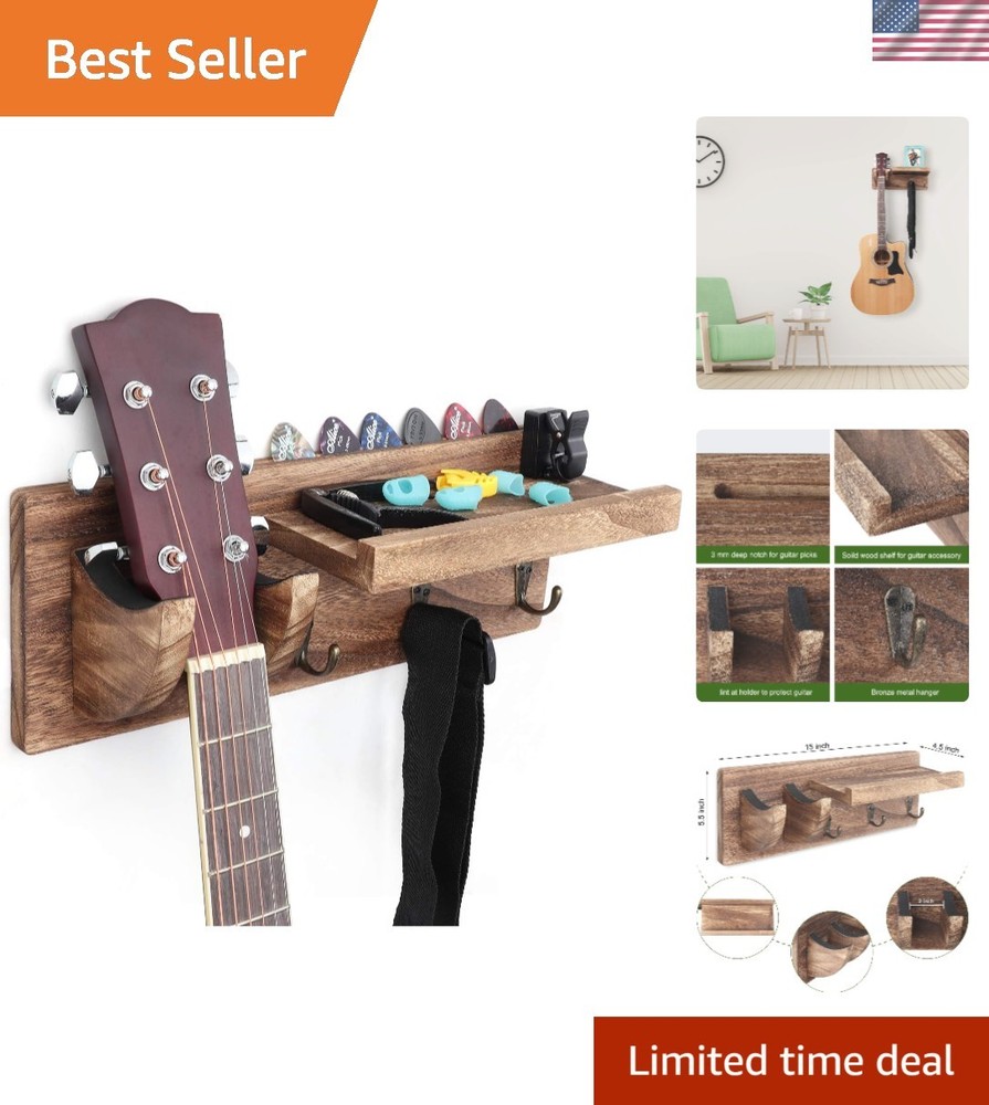 Rustic Wall Mount Guitar Hanger Shelf with Pick Holder & 3 Hooks - Carbonized...