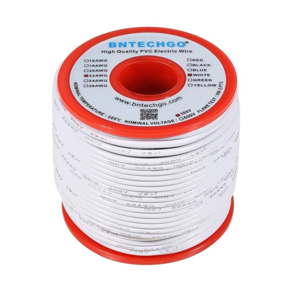BNTECHGO 22 Gauge PVC 1007 Solid Electric Wire White 22 100ft,