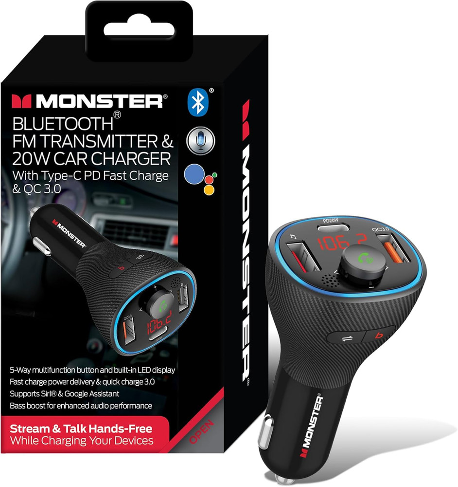 Monster Bluetooth FM Transmitter for Car Cigarette Lighter with 20W QC3.0 USB A