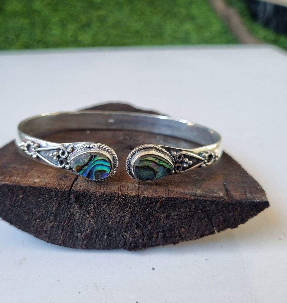 Abalone Shell Gemstone Bangle 925 Sterling Silver Adjustable Silver Bangle Gift