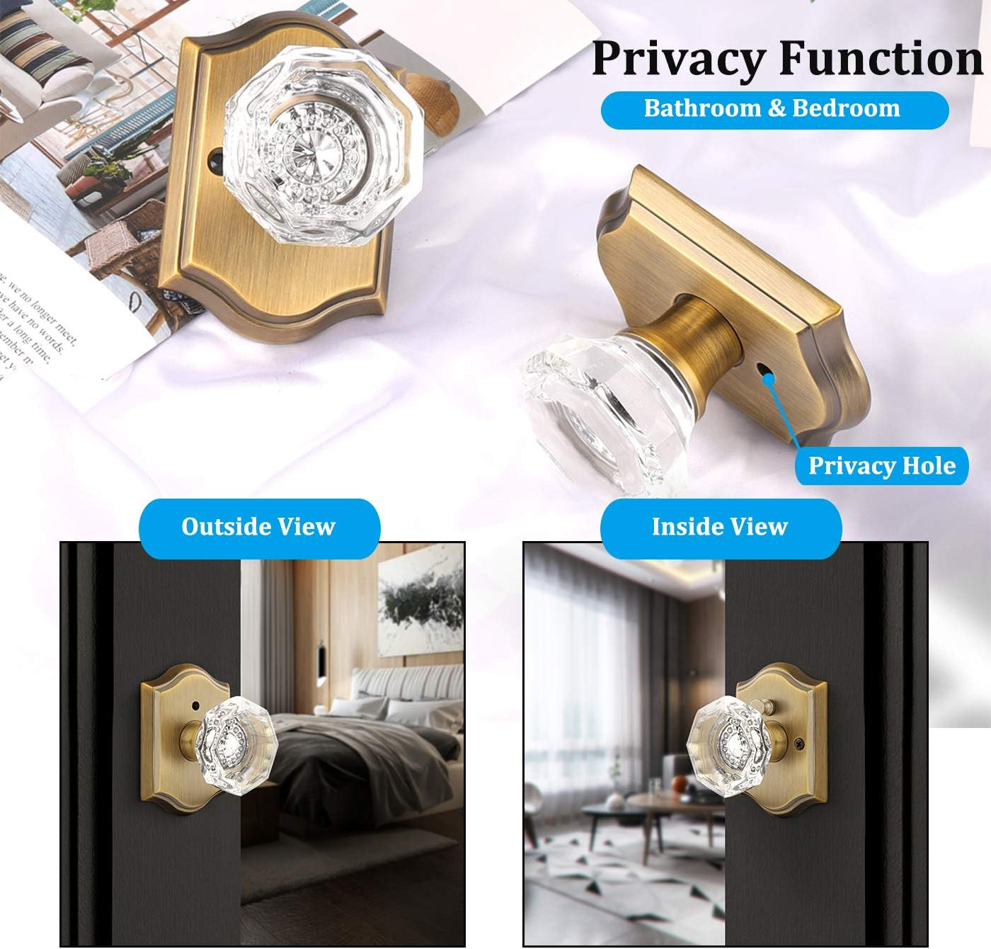 Antique Brass Door Locksets with Octagonal Crystal Knobs, 5 Pack