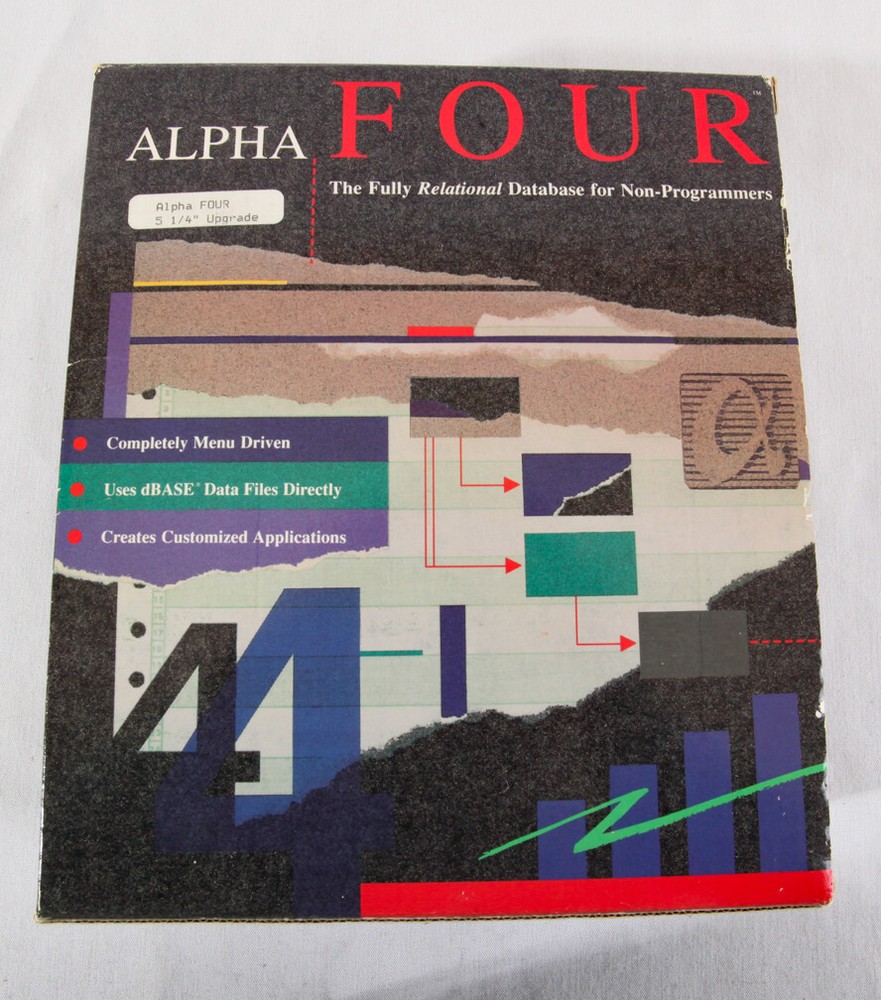 Alpha Four, Database for Non-Programmers, v 1.0, 1989 Upgrade, w 3 5.25" Floppy