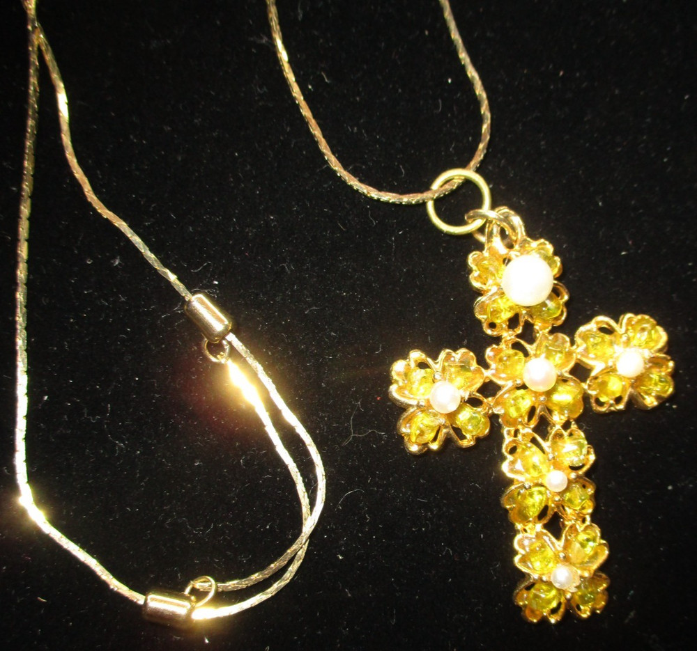 Vintage Goldtone Faux Pearl Cross-26" Chain. Gift box.