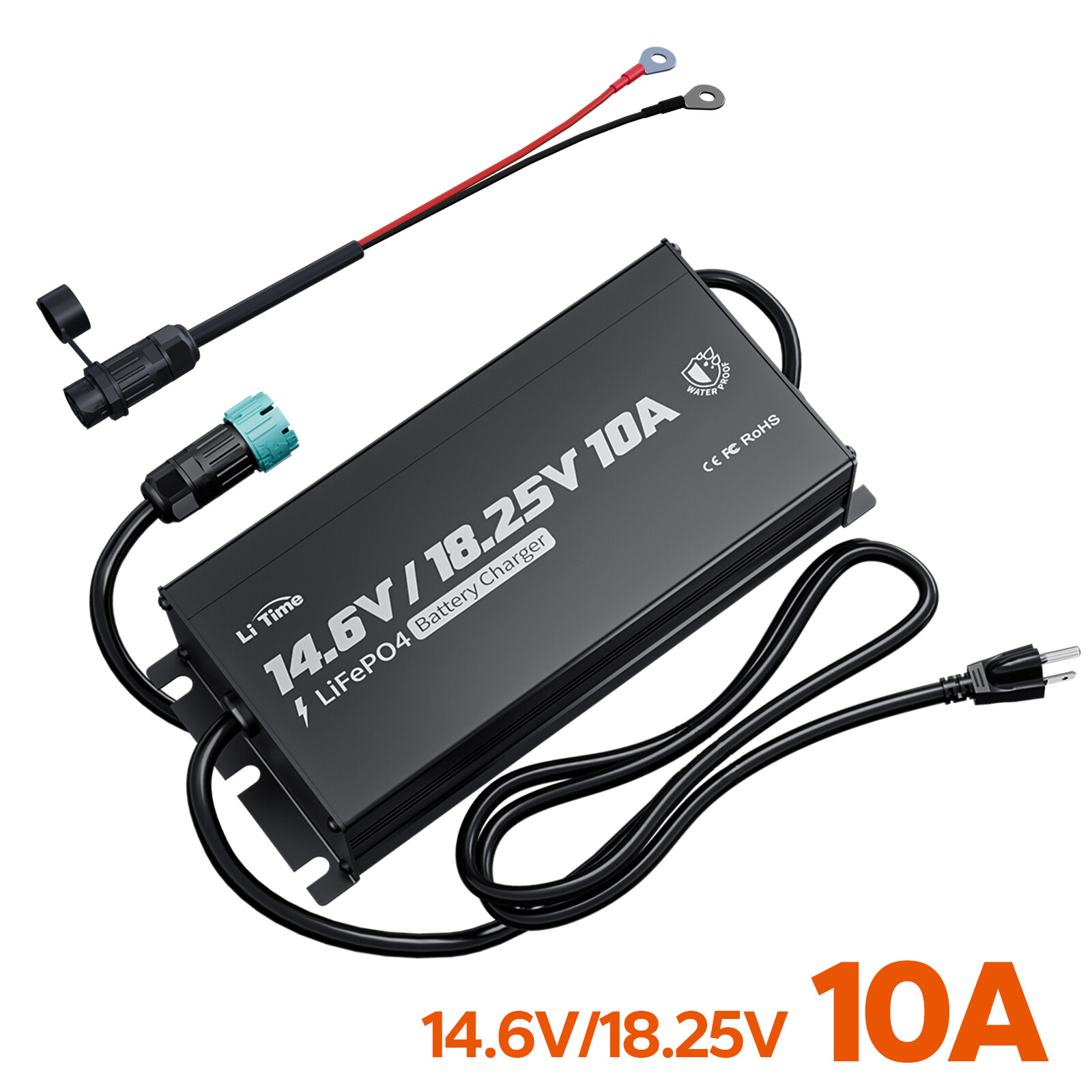 LiTime 14.6V/18.25V 10A Smart Waterproof Charger for 12.8V/16V LiFePO4 Battery