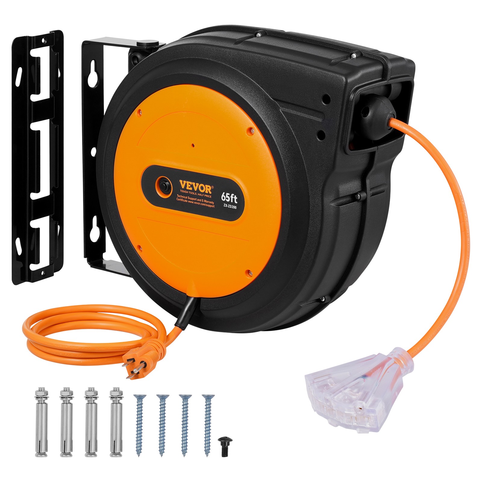 VEVOR Retractable Extension Cord Reel Power Cord Reel 65FT 12AWG/3C SJTOW