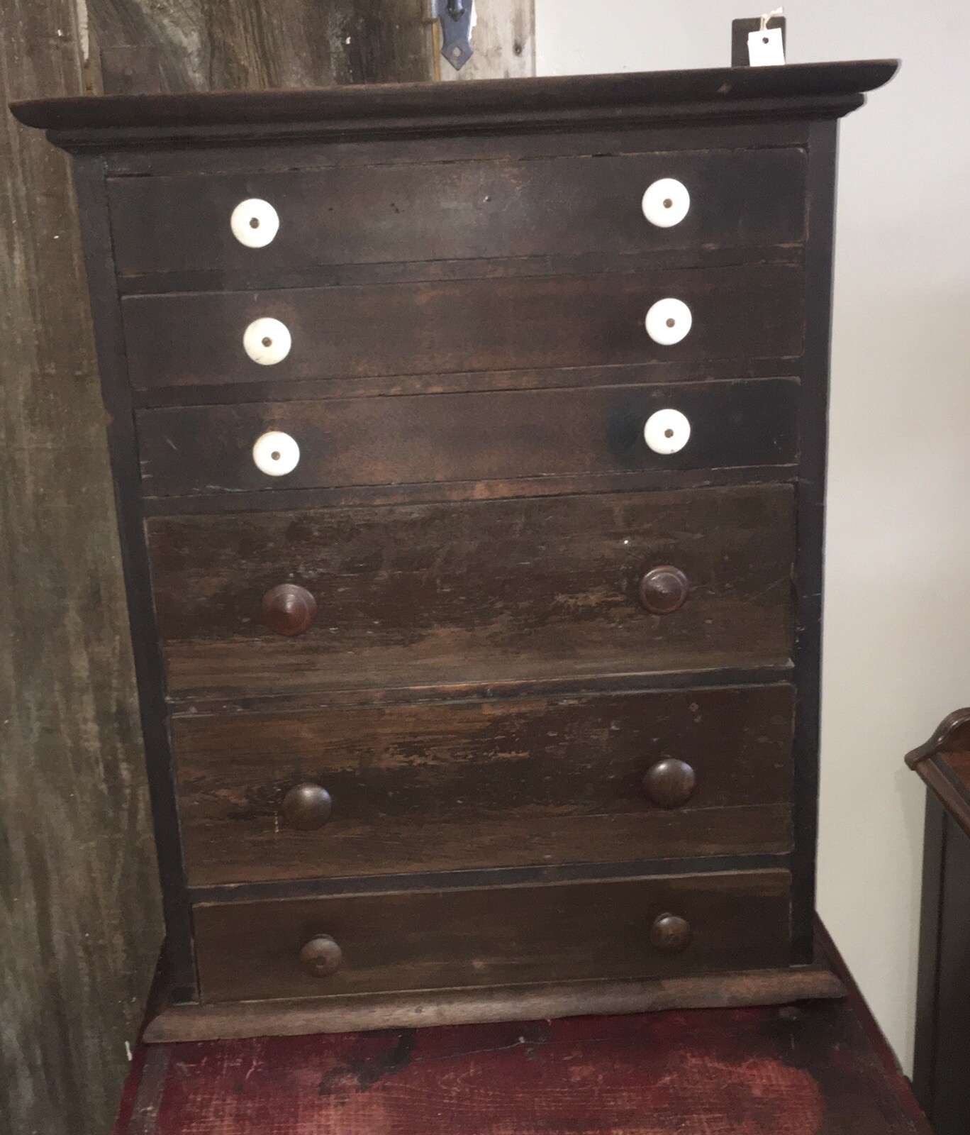 Antique 6 Drawer Wood Cabinet Porcelain Knobs 30x21-1/2x6-1/2