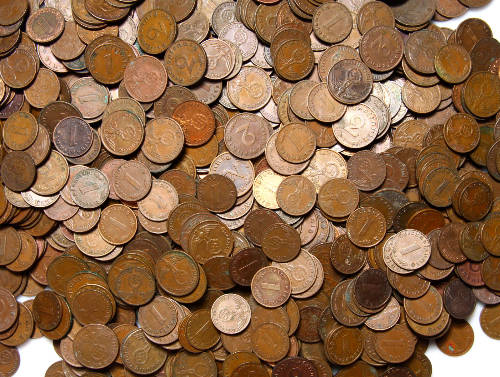 Nazi German Third Reich - 100 Coins 1 + 2 Reichspfennig 1937-1940 Bronze WW2 LOT