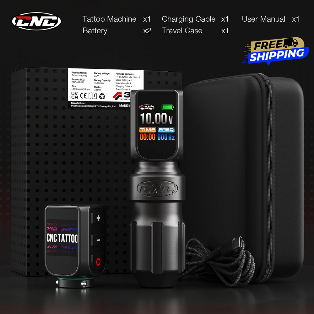 CNC E77 Wireless Tattoo Machine Adjustable Stroke LED Screen 2 Batteries CASE