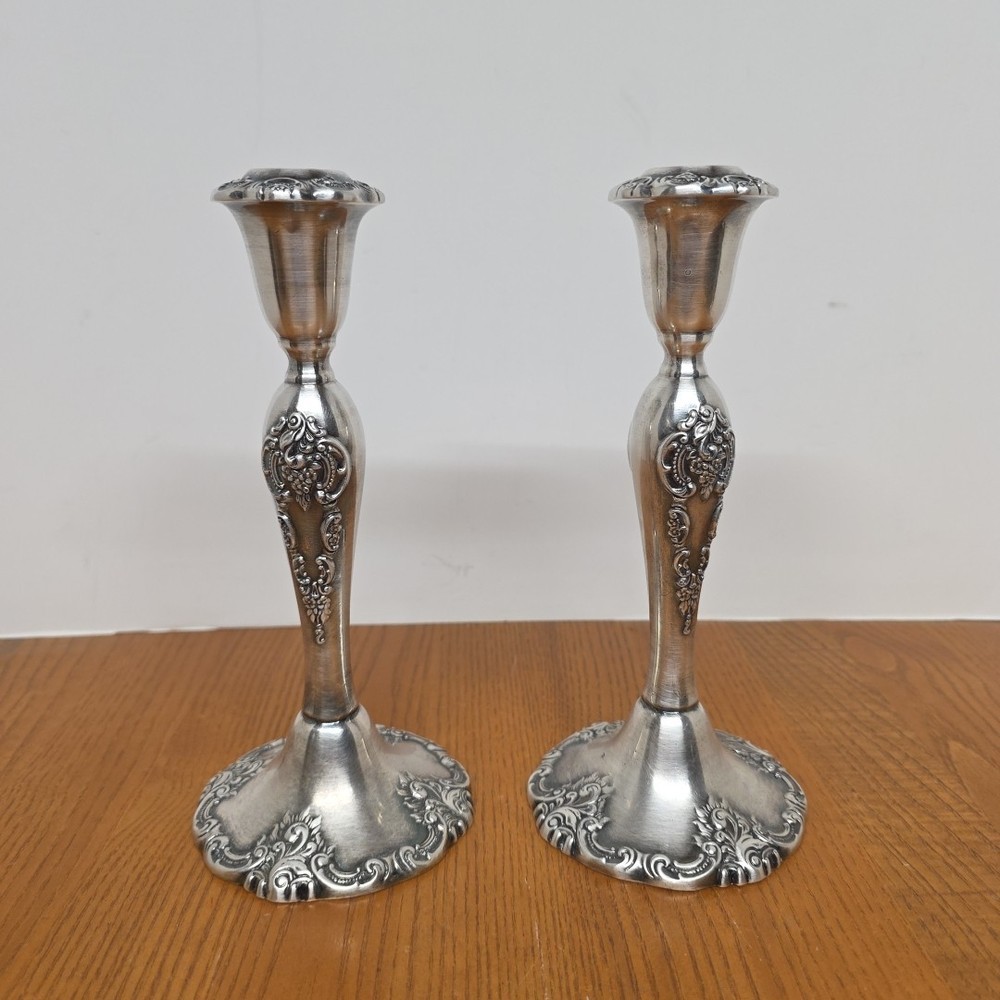 2 Heavy Vintage Baroque By Wallace 750 Silverplated Candlesticks 8.5in See Pics