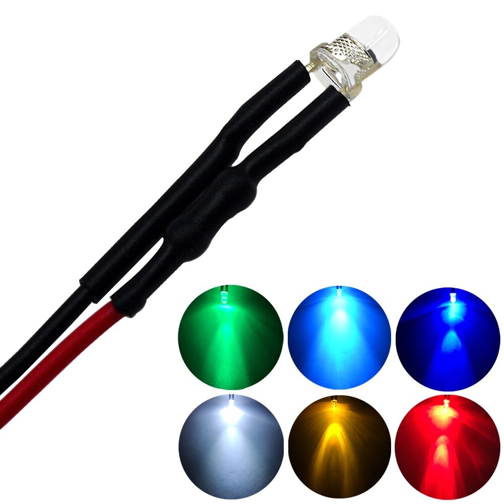 3mm Round Top LED Bulb Clear Light Emitting Diodes Pre-Wired Attached 9-12V DC