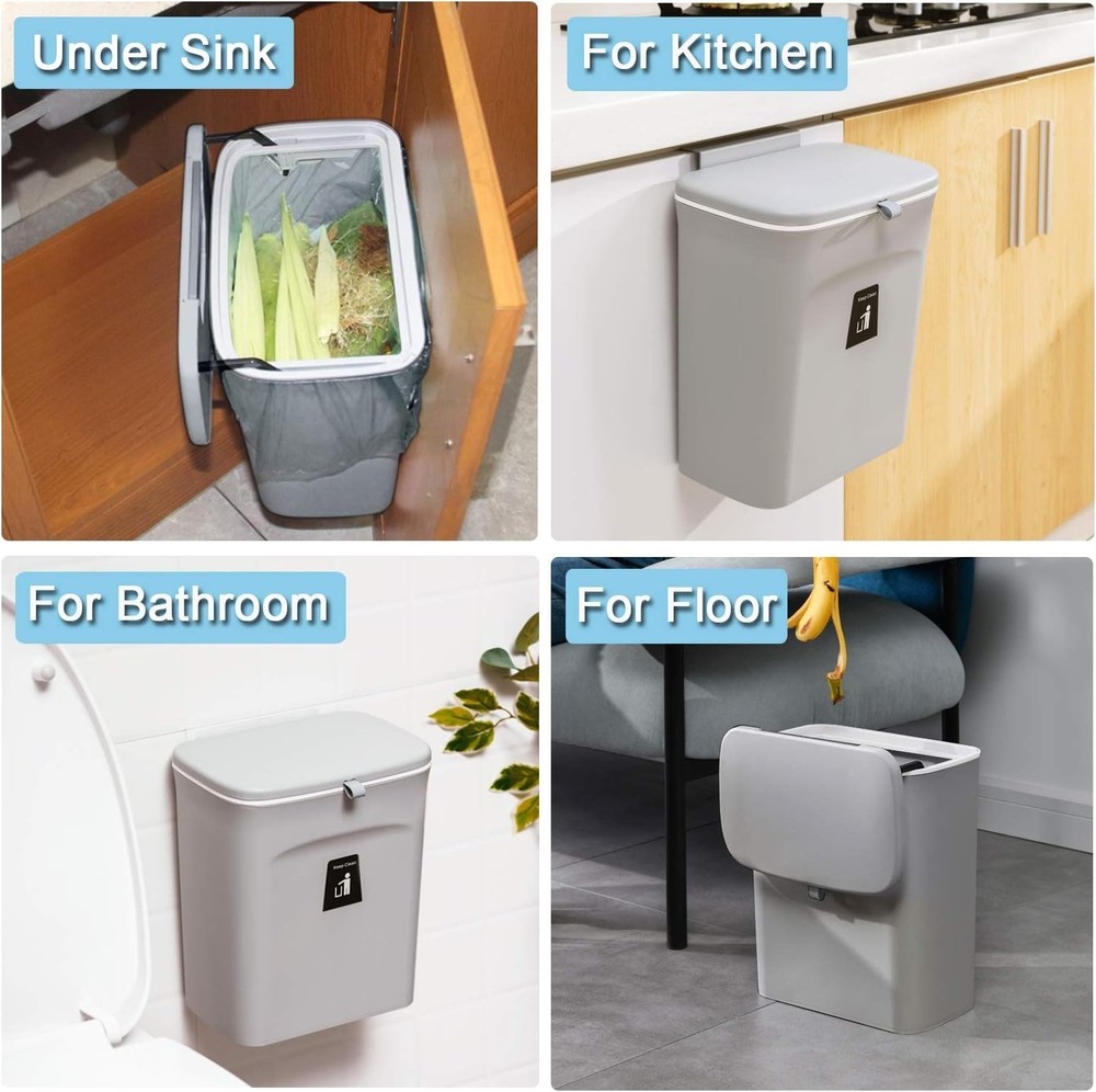 Gray 2.4 Gallon Kitchen Compost Bin - Versatile, Wall-Mount Design for Any Space