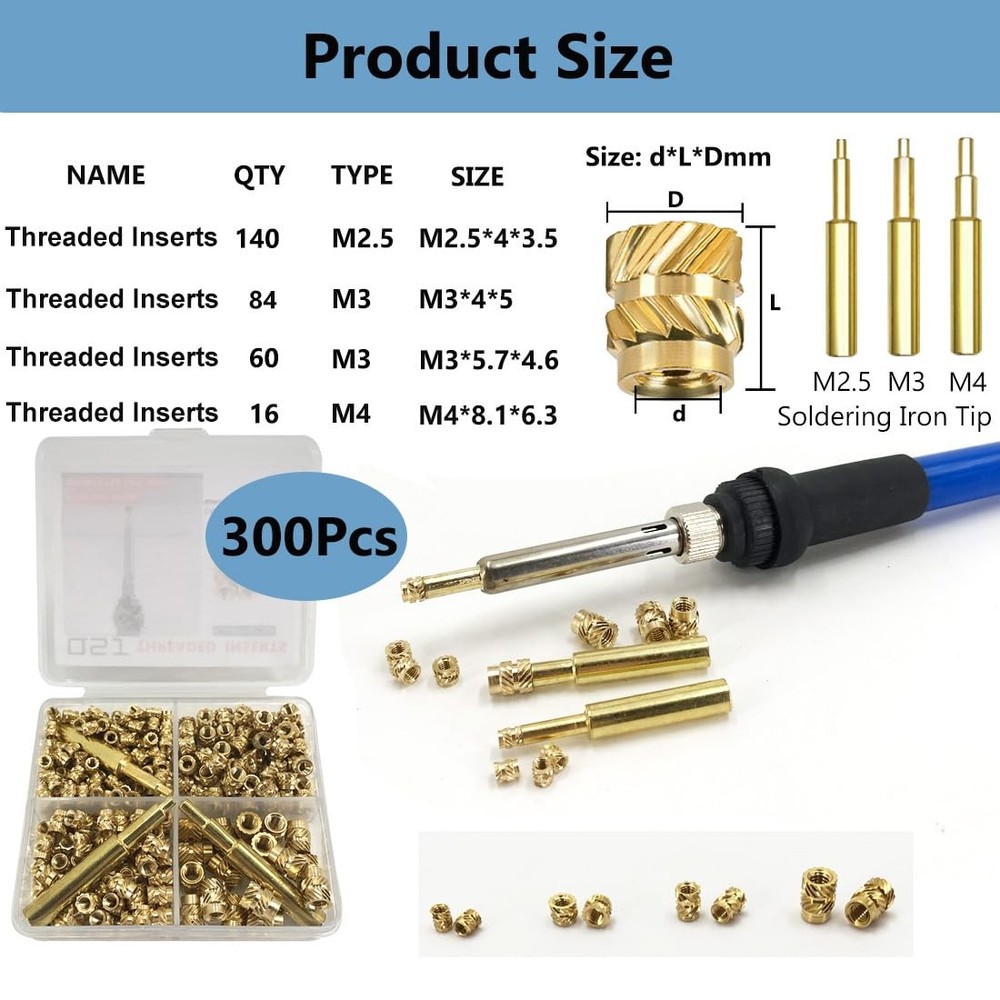300Pcs Threaded Inserts Set with Soldering Iron Tip Brass Heat Set Insert M2....