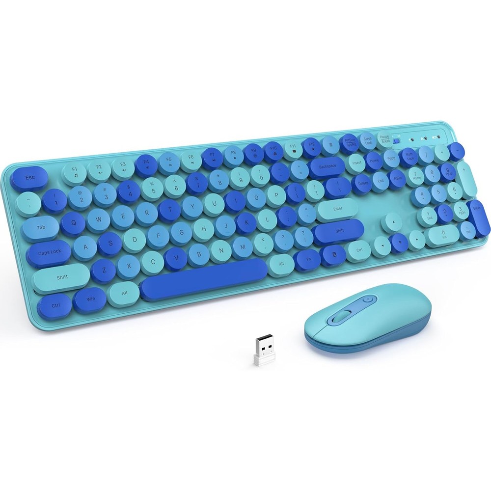 Wireless Keyboard Mouse Combo with Cute Round Keycaps Full-Size Retro Typewriter