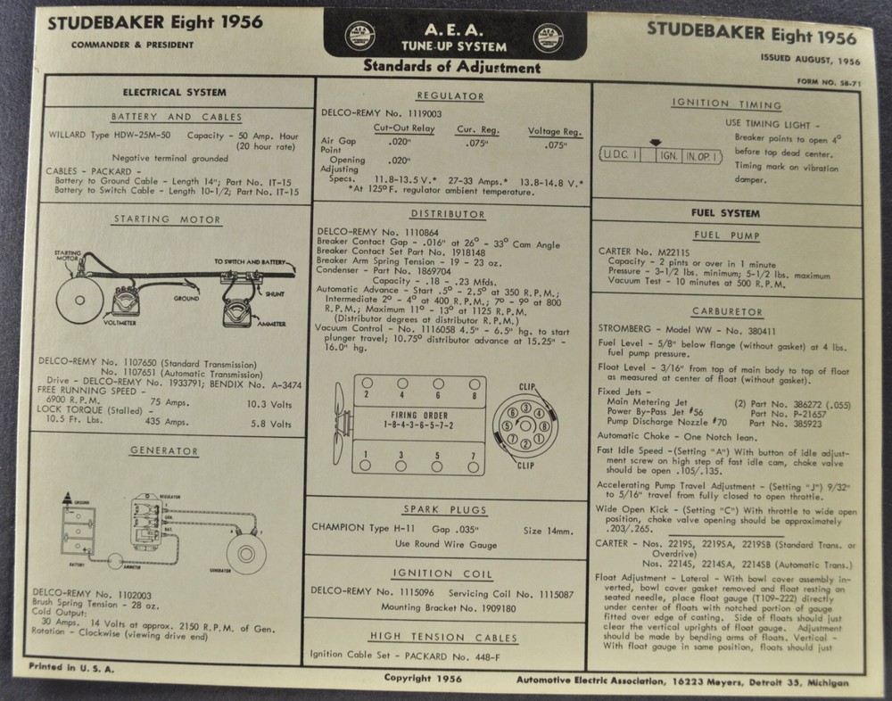 1956 Studebaker V8 Tune Up Chart Commander President Excellent Original 56