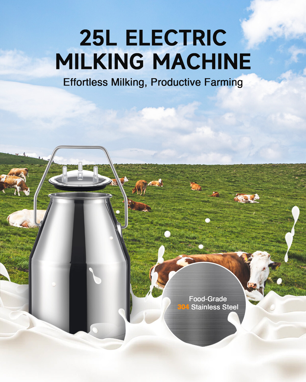 CREWORKS Electric Milking Machine Cow Milking Equipment 25L 304 Stainless Steel